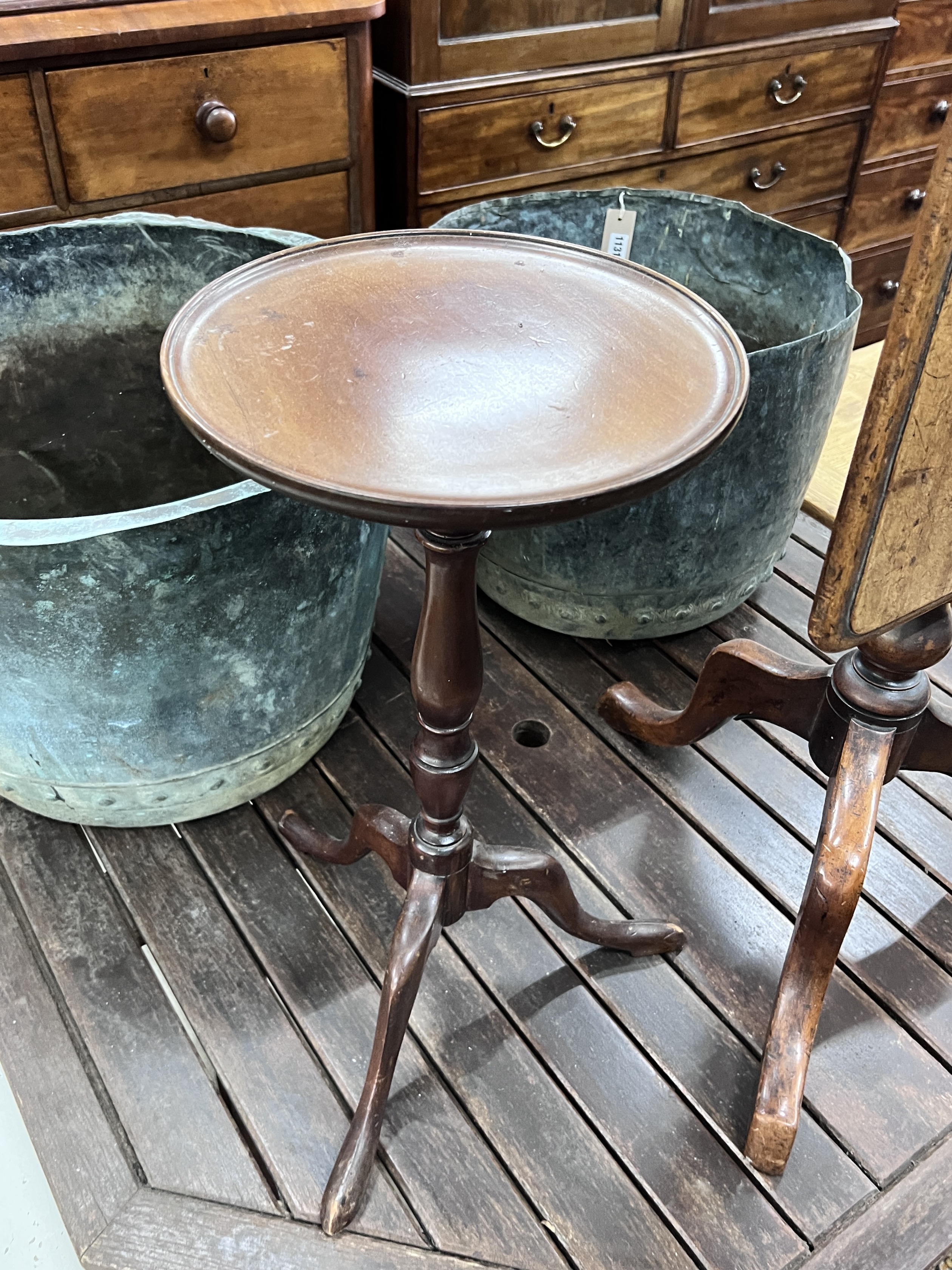 A Victorian rectangular mahogany tilt top wine table, width 40cm, depth 60cm, height 70cm, together with a later mahogany tripod wine table